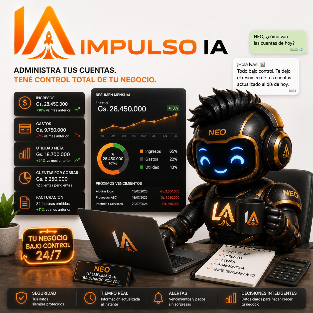 Impulso IA &mdash; NEO administrando las cuentas de un negocio: ingresos, gastos, utilidad neta y pr&oacute;ximos vencimientos